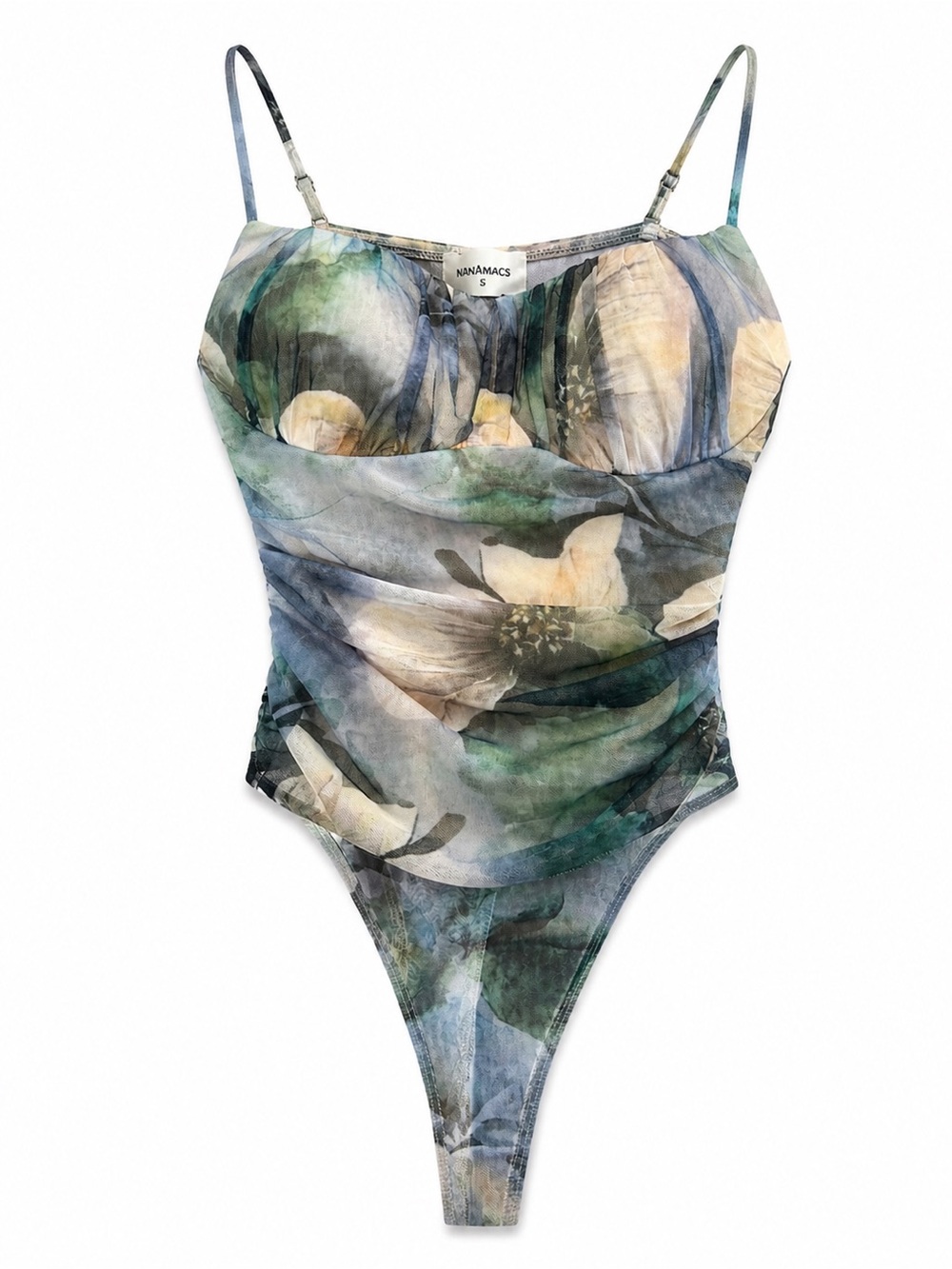 NanaMacs Painterly Floral Mesh Bodysuit - Green Blue Cream